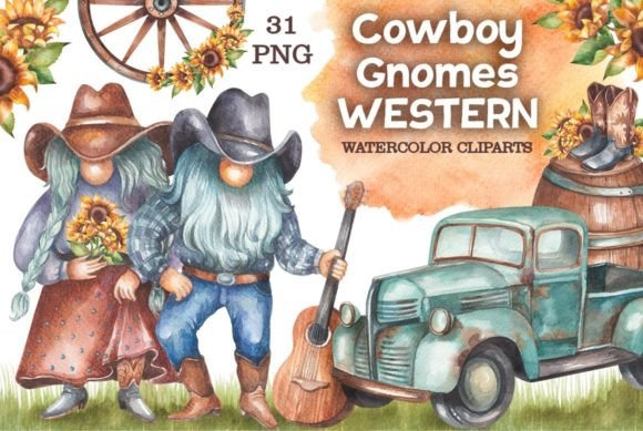 Cowboy Gnomes Western Watercolor Png Illustrations