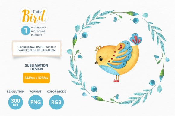 Cute Watercolor Bird with Flower Wreath Illustrations for Crafters & Etsy Sellers