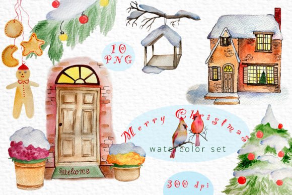 Merry Christmas Watercolor Set Illustrations