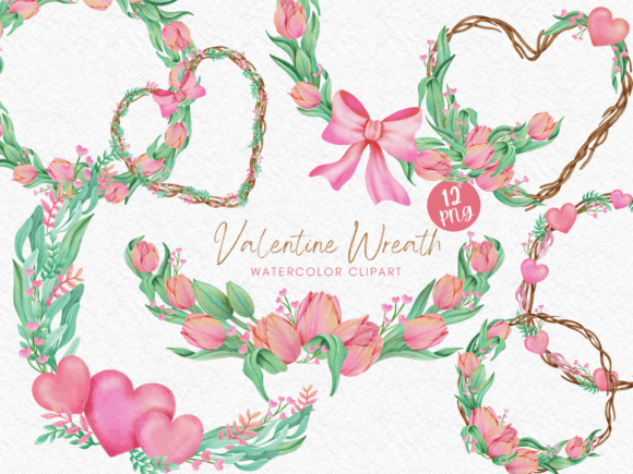 Valentine Wreath Watercolor Clipart & Illustrations