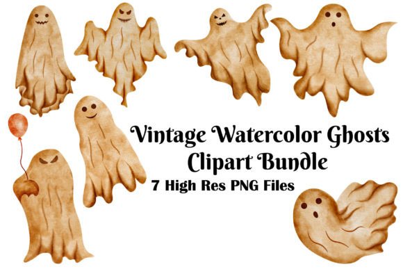Vintage Watercolor Ghosts Clipart Bundle for Brand Illustrations