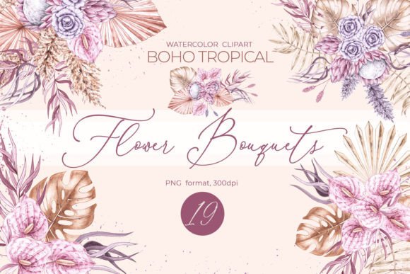 Watercolor Boho Flower Bouquets & Illustrations