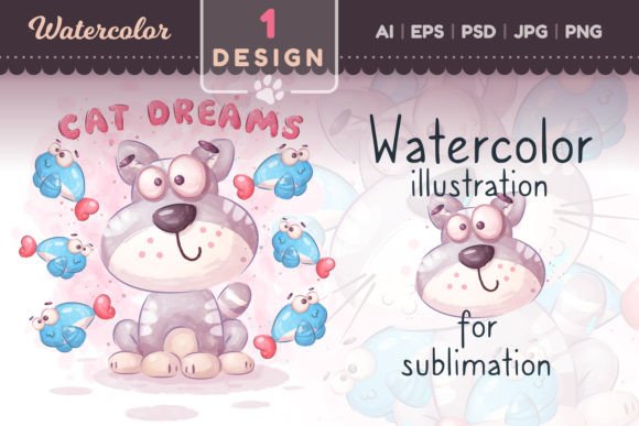 Watercolor Cat and Fish Cartoon PNG Review