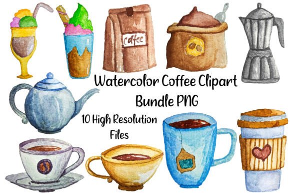 Watercolor Coffee Clipart Bundle PNG & Illustrations
