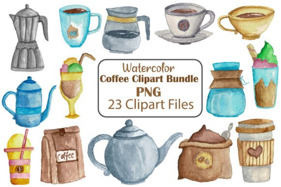 Watercolor Coffee Clipart Bundle PNG Set