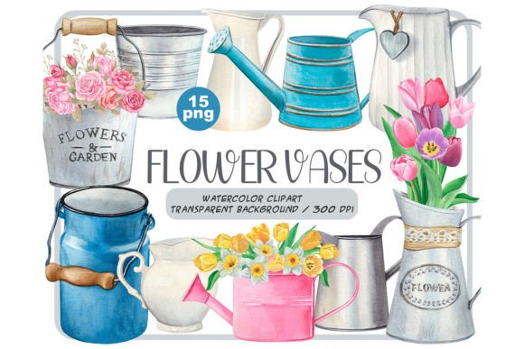 Watercolor Flower Garden Vases Clipart Review