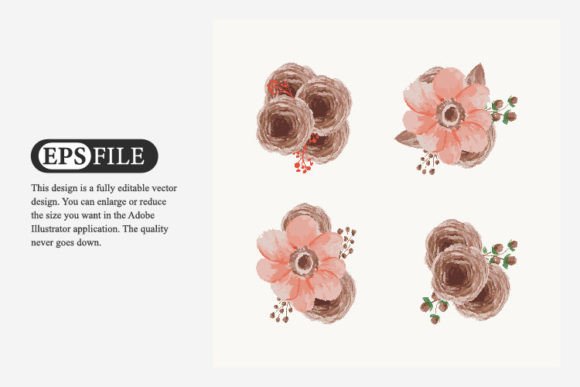 Watercolor Pink and Brown Flowers Illustrations