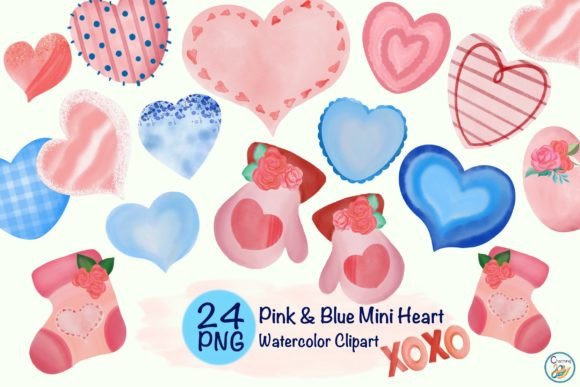 Watercolor Pink Blue Mini Hearts Illustrations