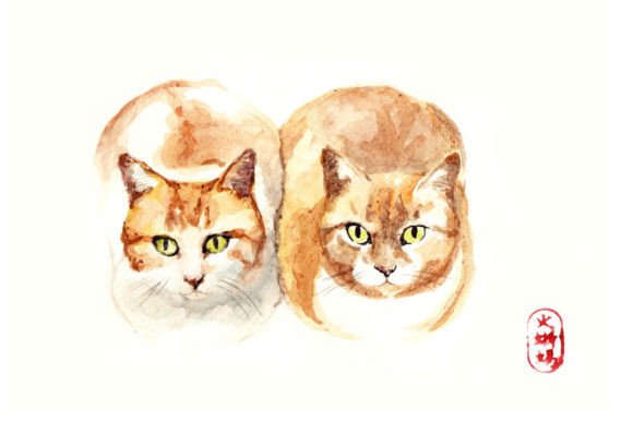 Watercolor Red Cats Art in Asian Style Illustrations