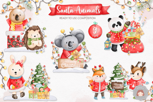 Watercolor Santa Animal Clipart Set for Festive Handmade Crafts
