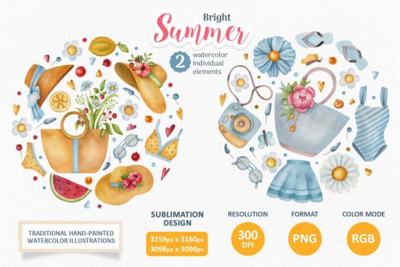 Watercolor Summer Travel Composition PNG & Illustrations