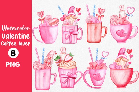 Watercolor Valentine Coffee Cup Clipart & Illustrations