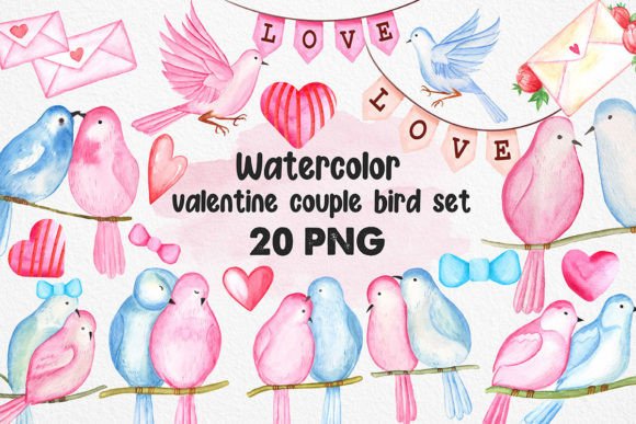 Watercolor Valentine Couple Bird PNG & Illustrations