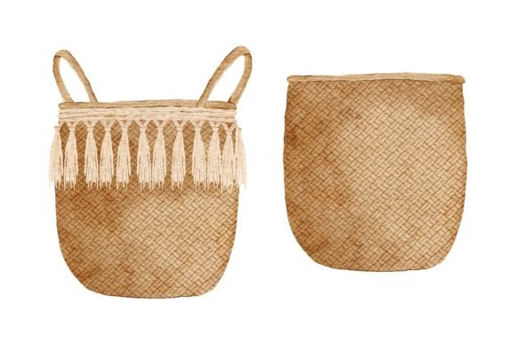 Watercolor Wicker Basket Plant Pot Illustrations for Real Crafting